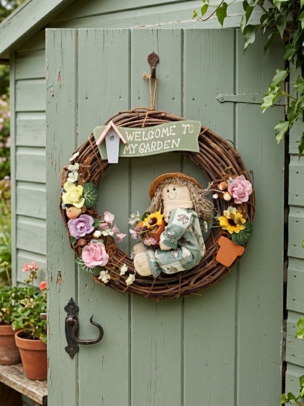 Vtg Floral Door Wreath Welcome Garden Spring Farmhouse Cottage Shed Rustic Decor